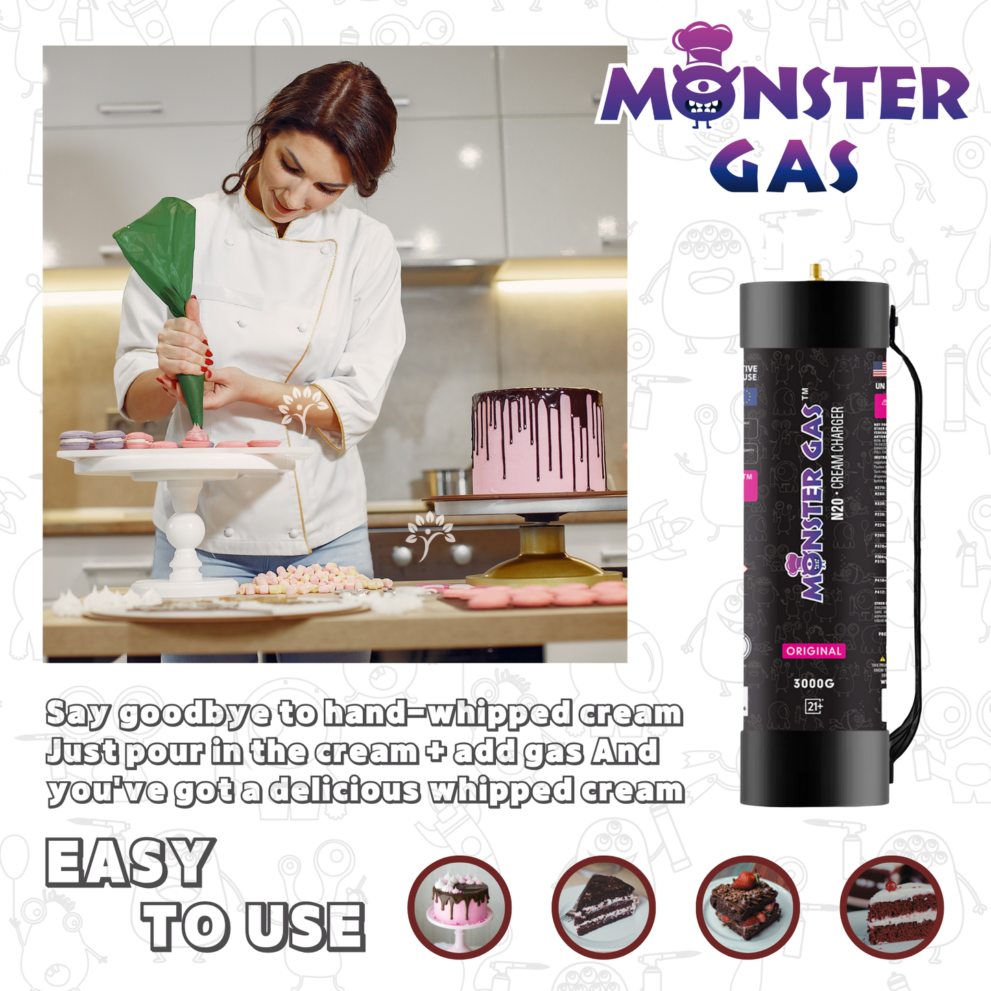 MONSTER GAS Whipped Cream Charger 3000g, N2O Nitrous Oxide Tank, 4.4L Whip Cream Charger Cylinder