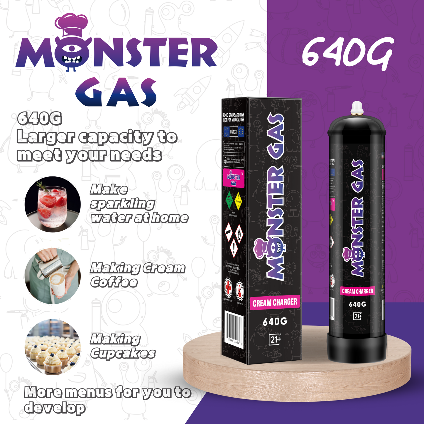 Monster Gas 0.95L N2O Whipped Cream Chargers, 640G Nitrous Tank Whip Cream Charger, Nitrous Oxide Tank