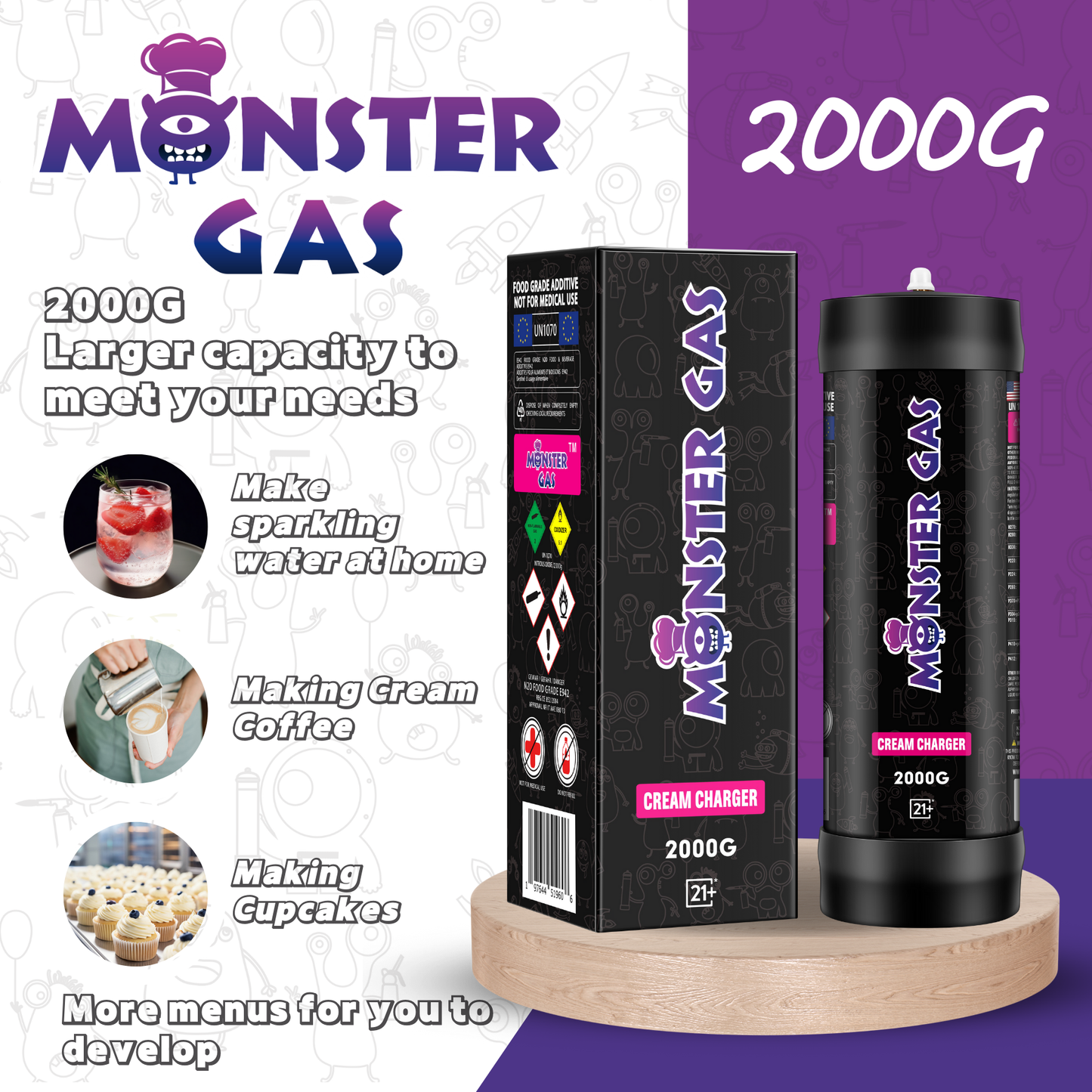 MONSTER GAS 3.3L N2O Whipped Cream Chargers, 2000G Whip Cream Charger, Nitrous Oxide Tank