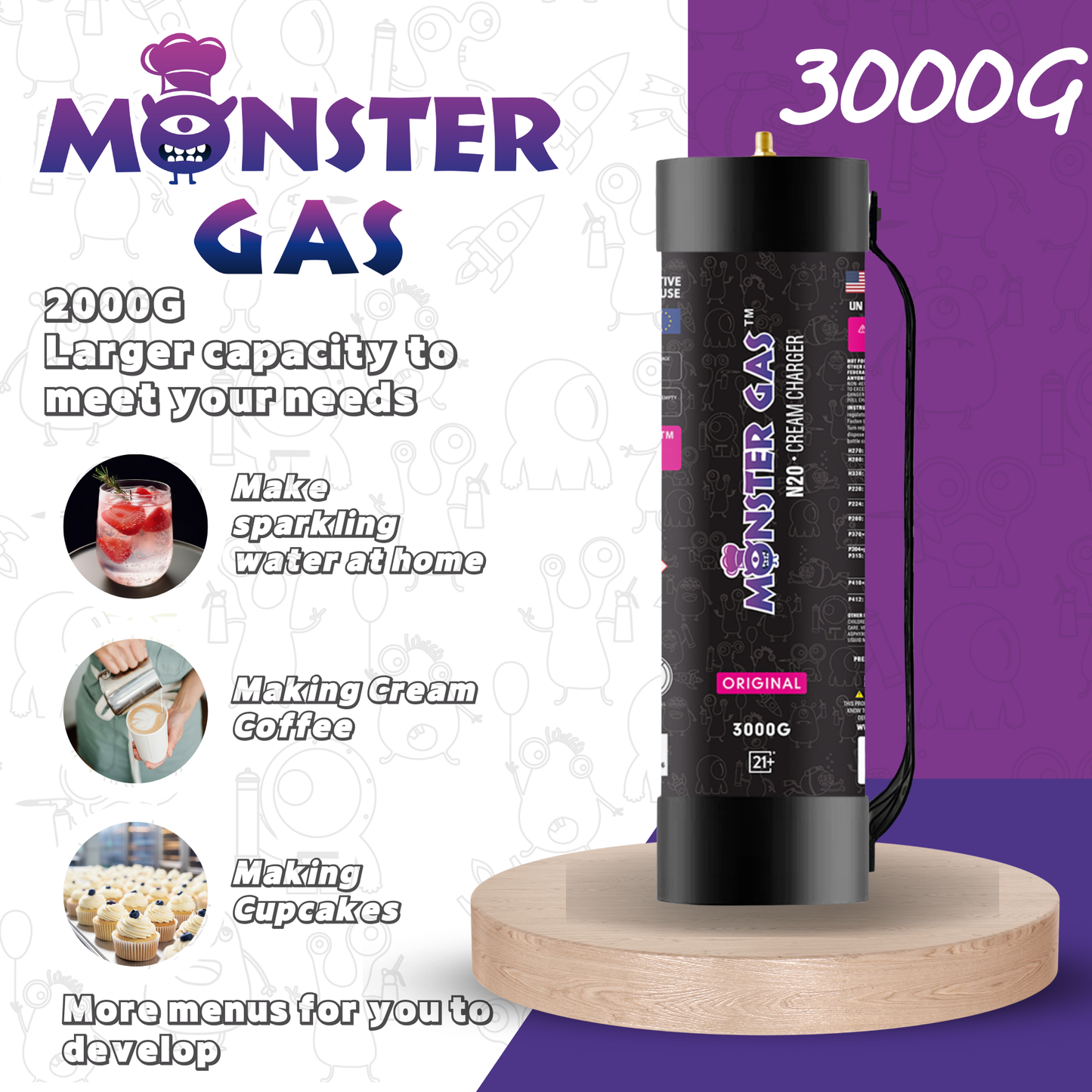 MONSTER GAS Flavor Whipped Cream Charger 3000g, N2O Nitrous Oxide Tank, 4.4L Whip Cream Charger Cylinder