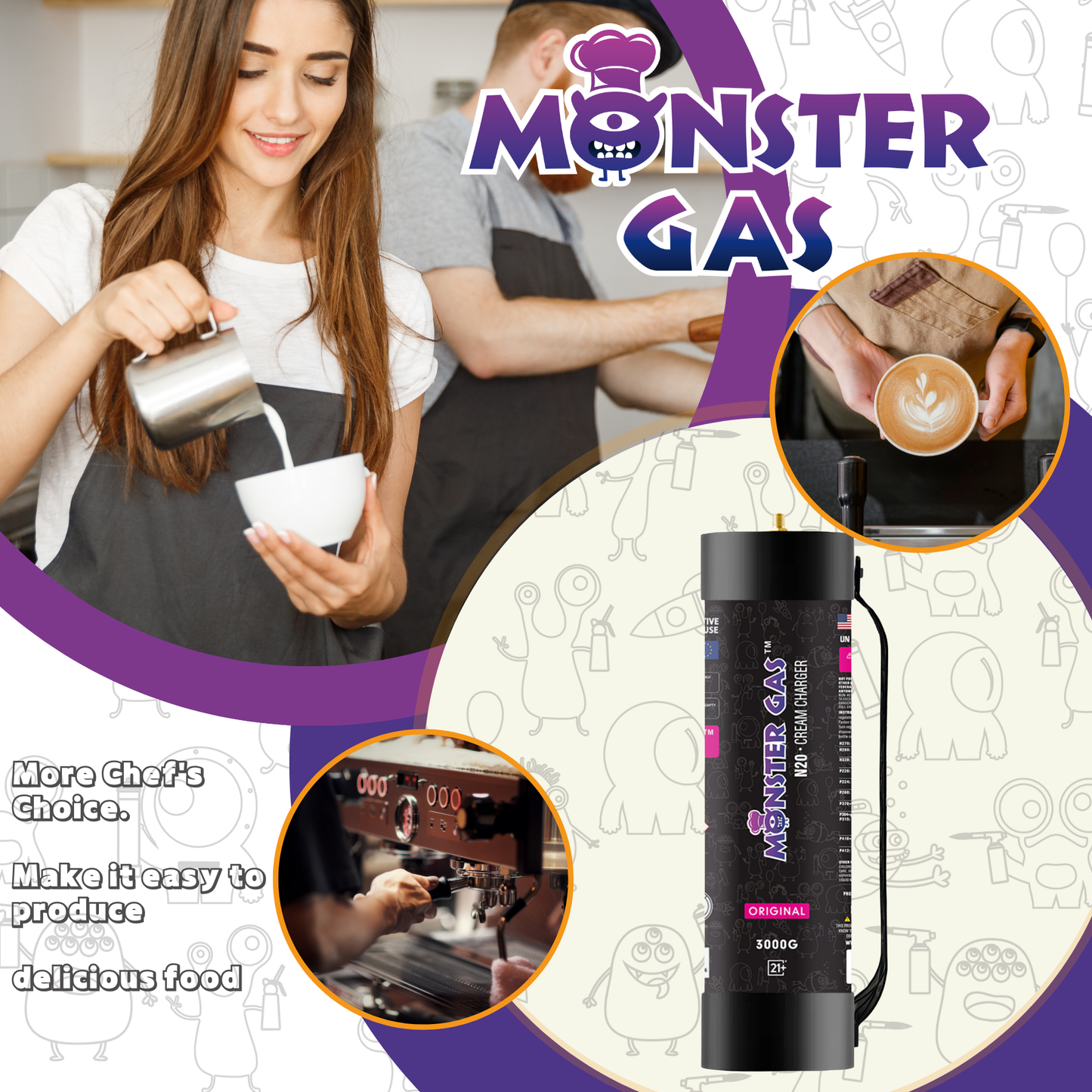 MONSTER GAS Flavor Whipped Cream Charger 3000g, N2O Nitrous Oxide Tank, 4.4L Whip Cream Charger Cylinder