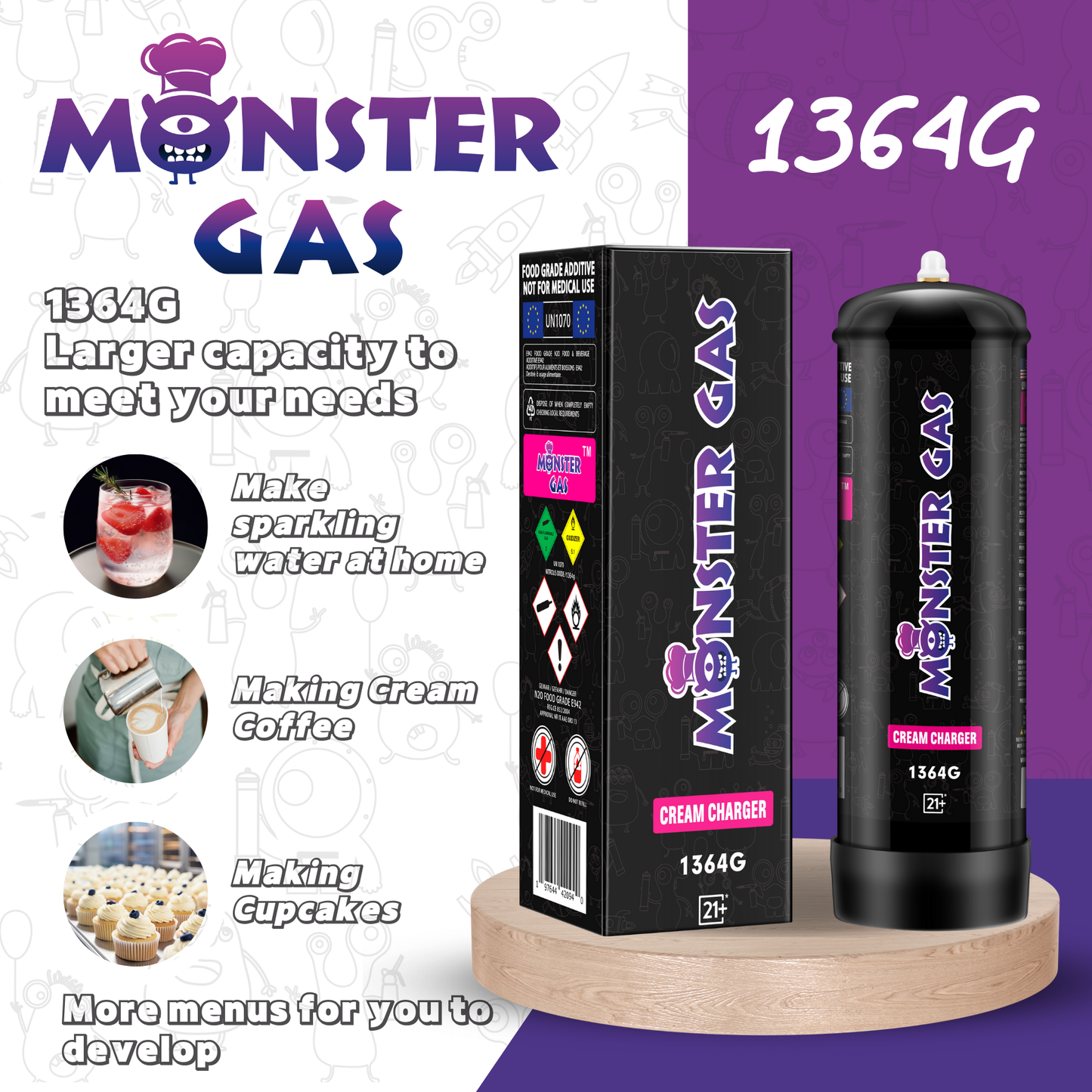 MONSTER GAS 2.2L N2O Whipped Cream Chargers, 1364G Whip Cream Charger, Nitrous Oxide Tank